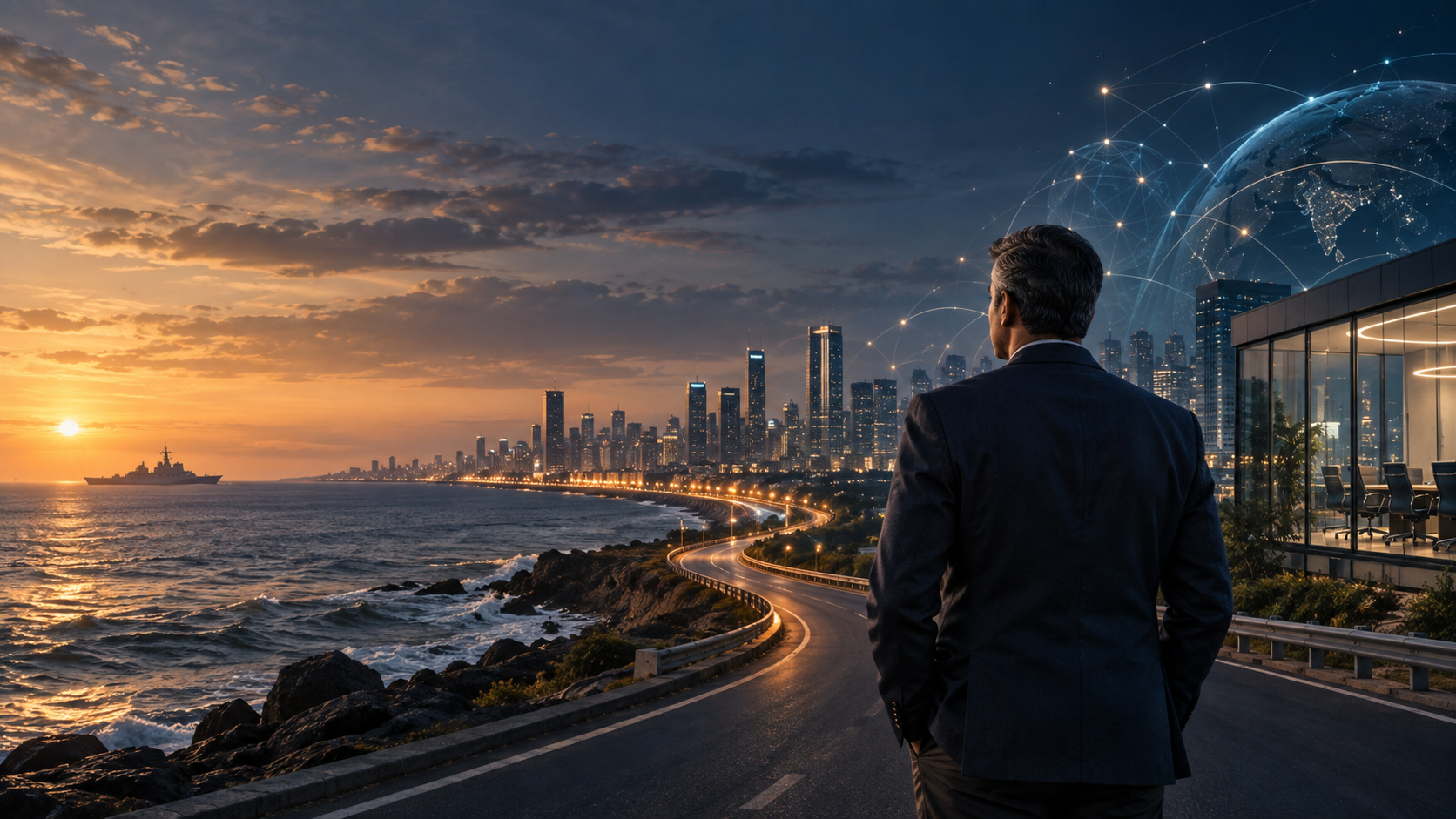 Coastline at dusk: a naval ship offshore, the Mumbai skyline, a coast road, a lit boardroom and a network globe